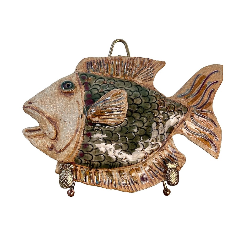 Signed Studio Pottery Fish Wall Plaque Ceramic Coastal Art 10" x 6.5/8"